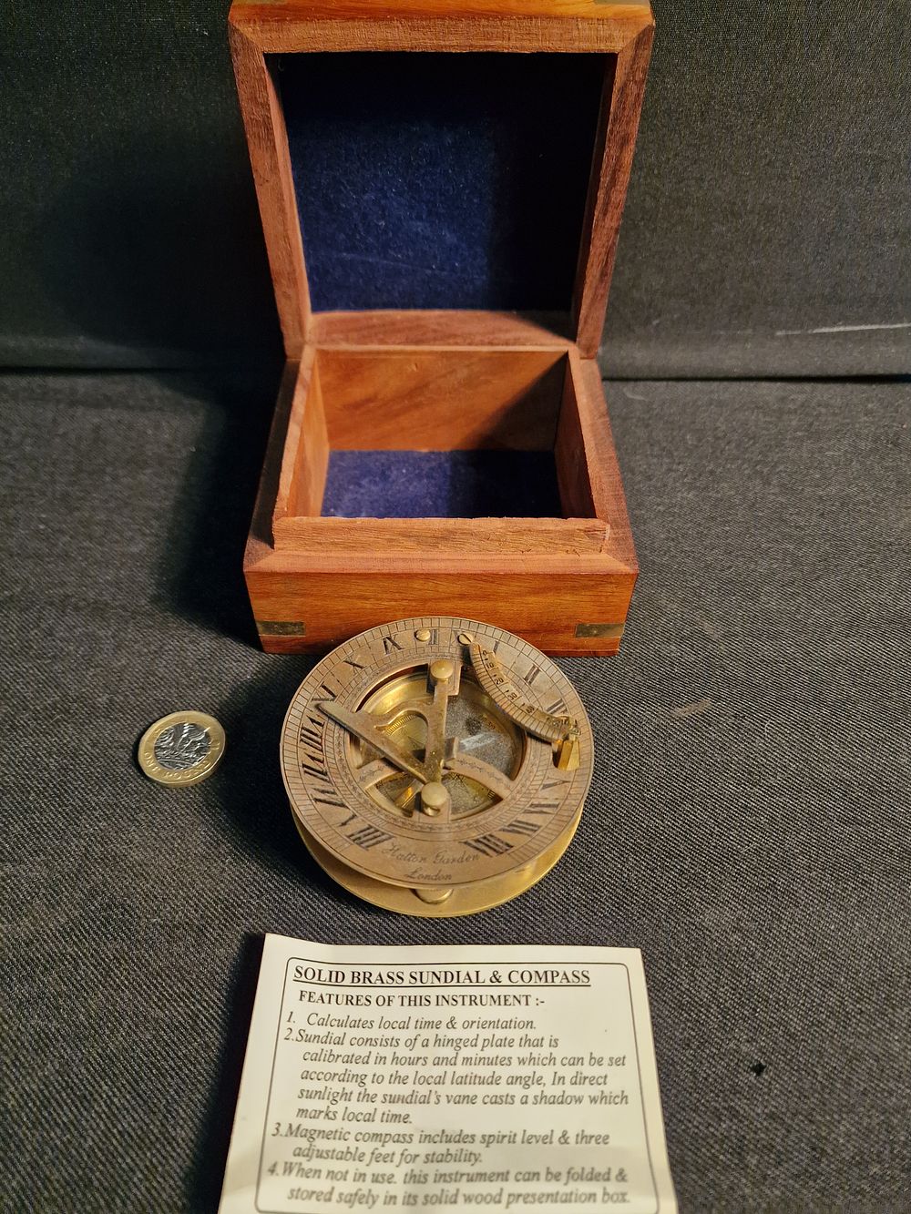 Lot 370: Solid Brass Sundial and Compass Marked Hatton Gardens London in Wooden Box