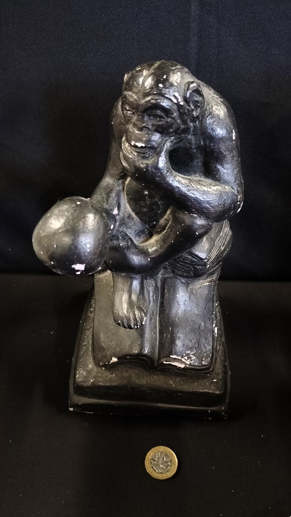 Lot 586: Darwin's philosophising monkey statue. Measures 25 x 12.5...