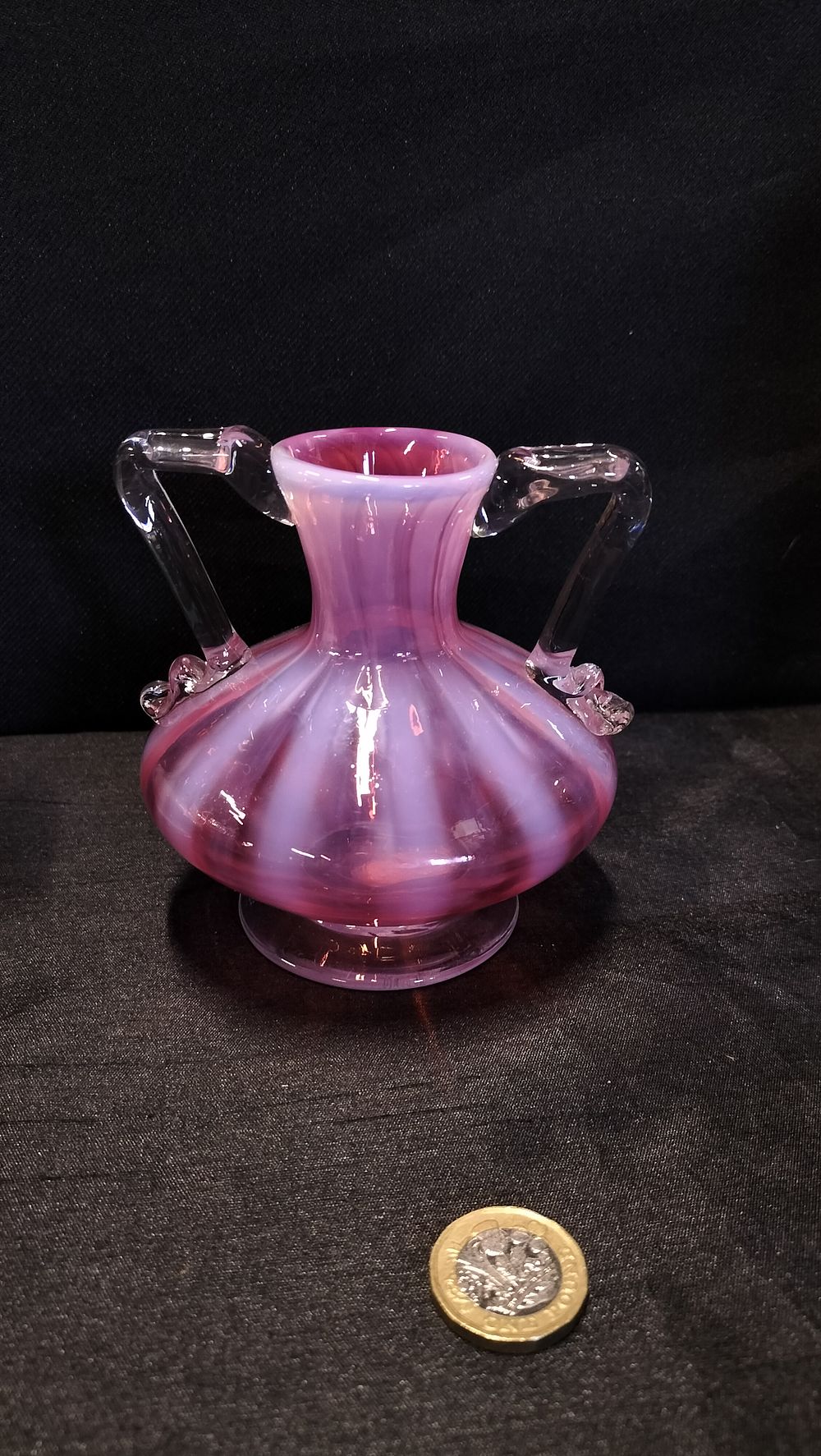 Lot 668: Pink stripe studio glass handle vase
