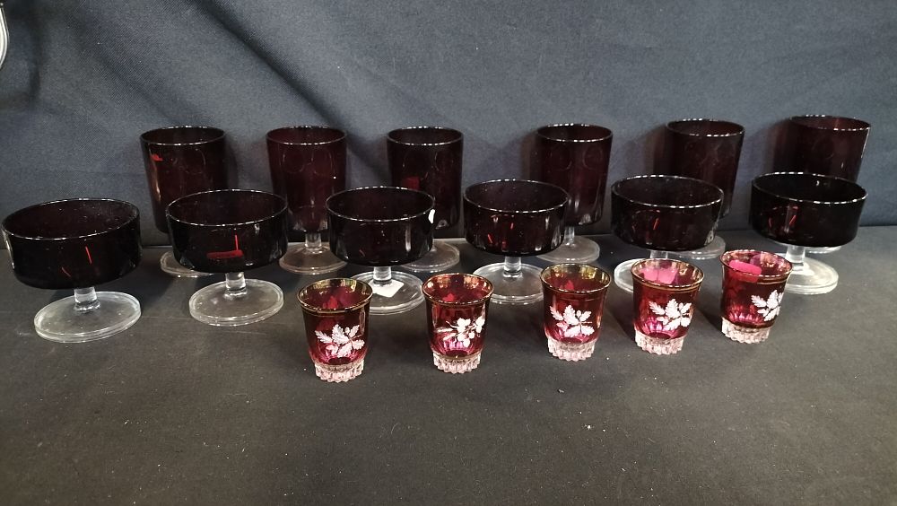 Lot 689: Cranberry glasses, dishes and 5 small shot glasses 
