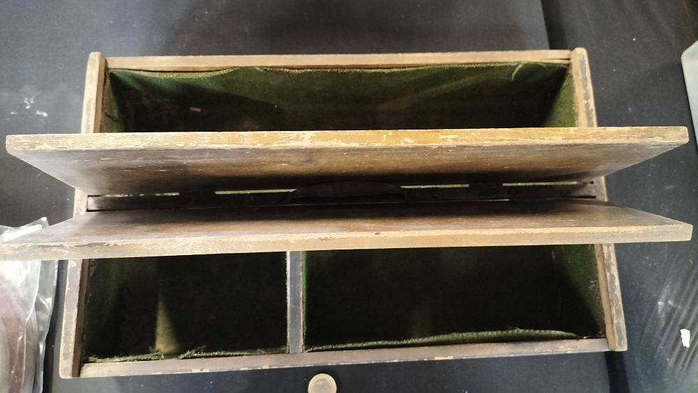 Lot 765: Green felt lined wooden storage box with twin...