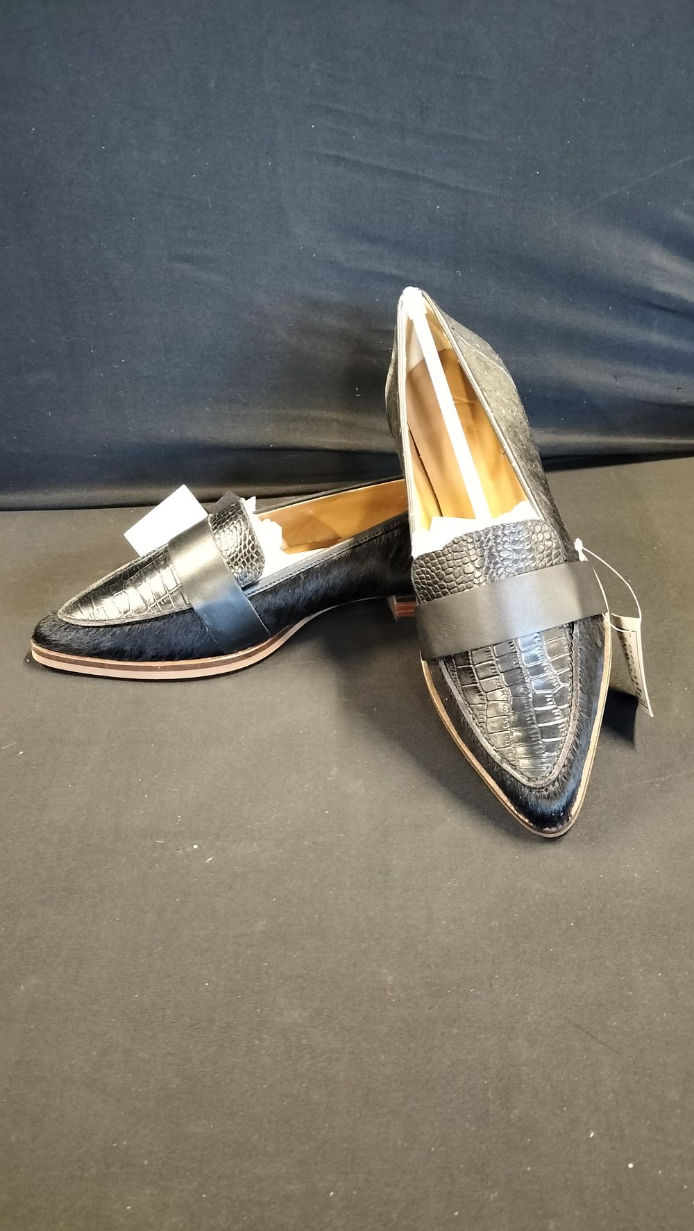 Lot 624: JD Williams black leather.  Boxed. crocodile effect shoes...