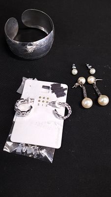 Sterling Silver Cuff Bangle, and 3 pairs of Earrings