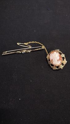 22ct Gold Plated Cameo Brooch and a Gold Tone Brooch with Light Blue Central Stone