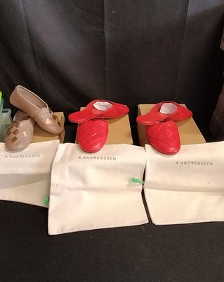 Three Brand New and Boxed A. Andereassen Leather Slippers, Size UK 10, 1 and 2 With Dust Bags
