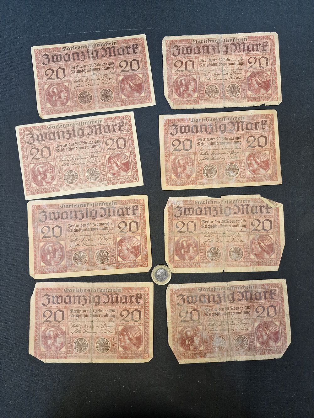 Lot 149: x8 Antique 20 Mark "Darlehnskassenschein," Banknote Issued by the German Empire's Reich Debt Administration Between 1914 and 1922