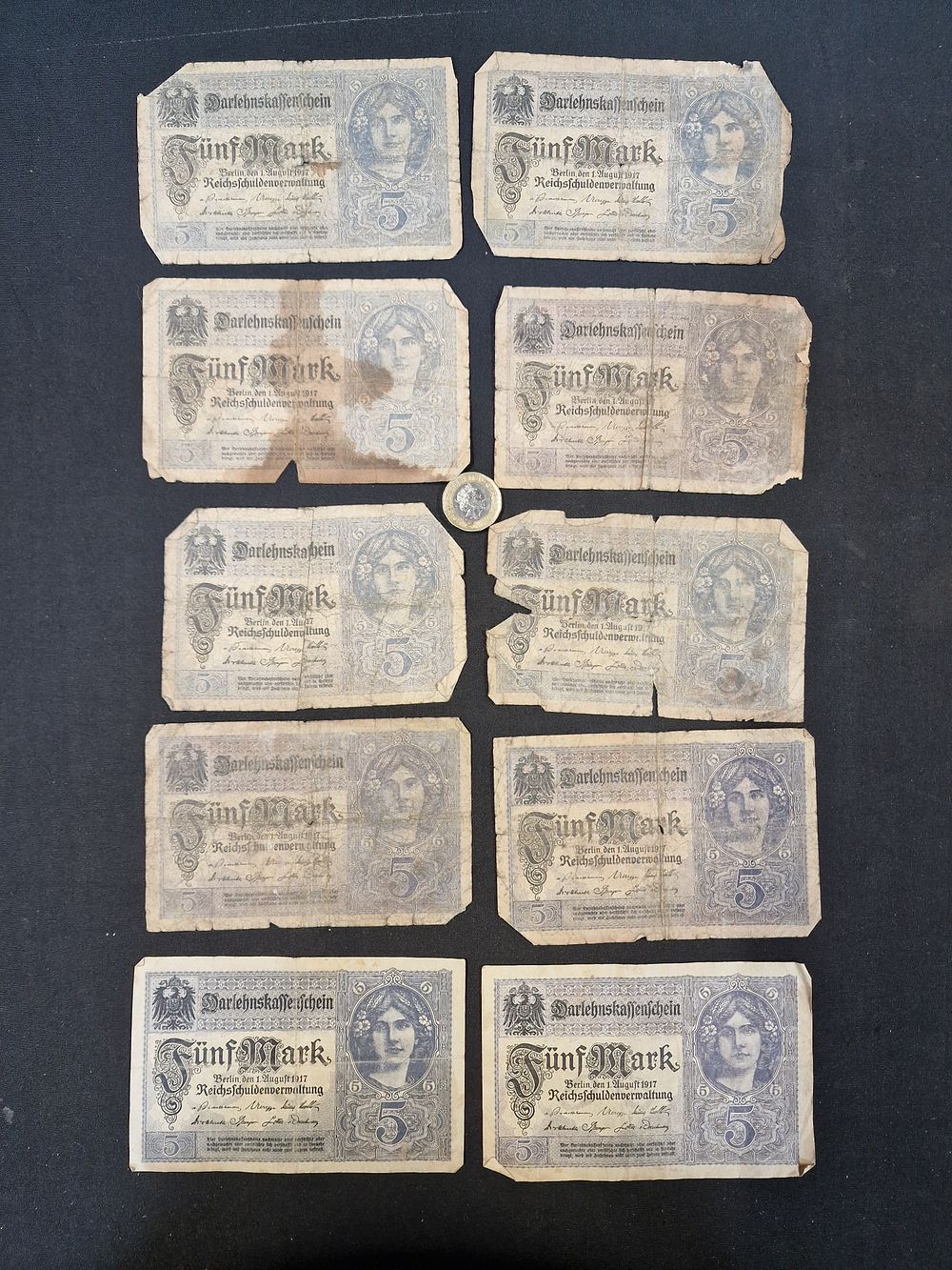 Lot 150: x10 Antique 5 Mark Darlehnskassenschein Banknote from the German Empire, Issued on August 1, 1917.