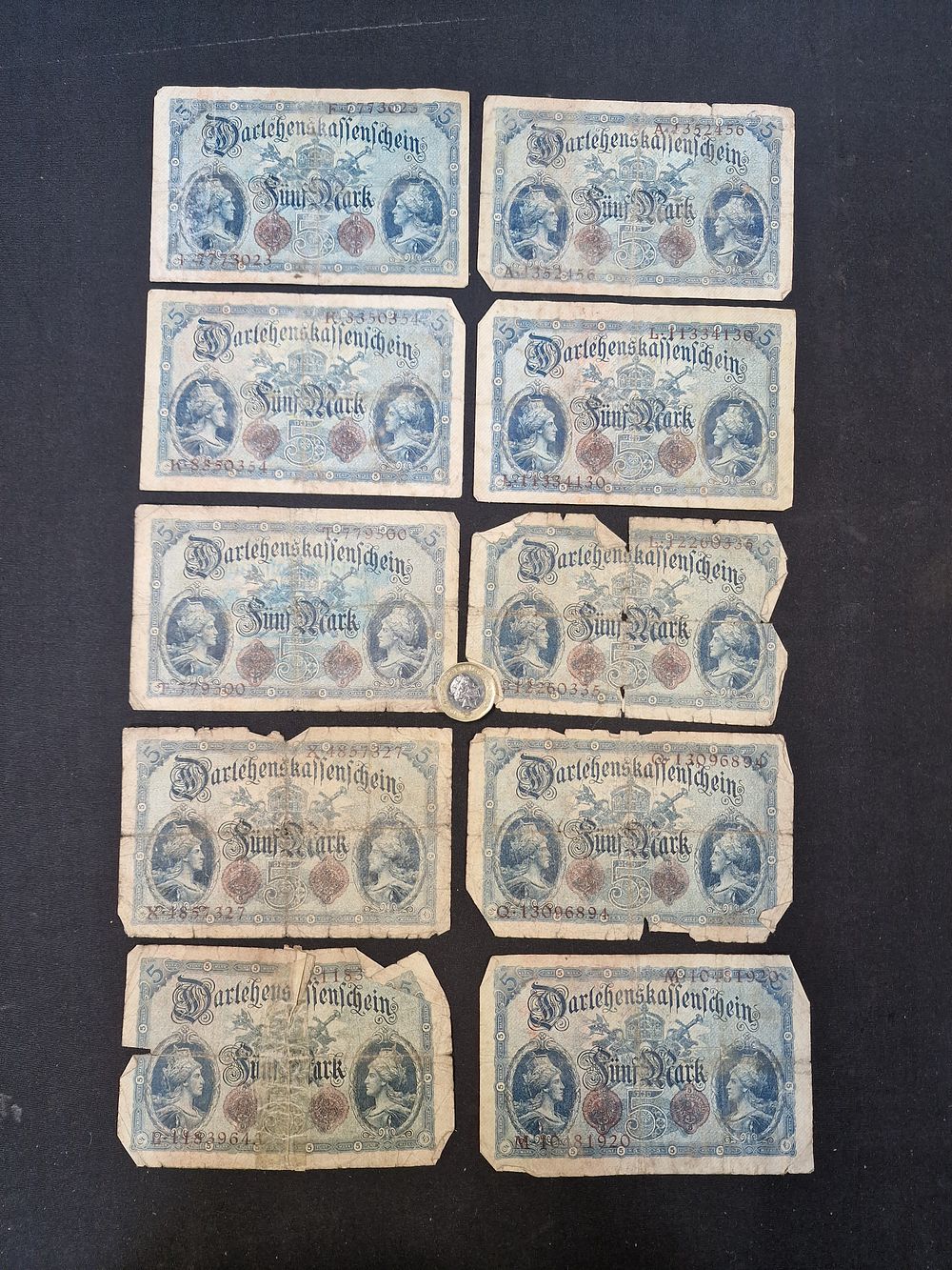 Lot 151: x10 Antique 5 Mark Darlehnskassenschein Banknote from the German Empire, Issued on August 5, 1914