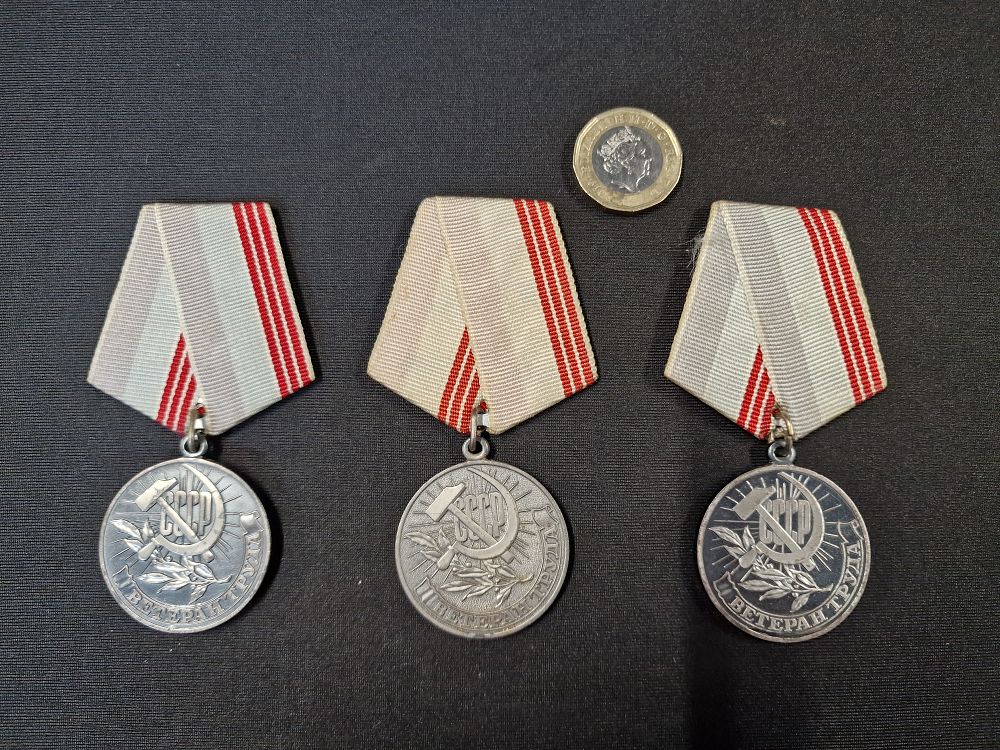 Lot 158: x3 Vintage Soviet "Veteran of Labour" Medals, Established on January 18, 1974, To Honor Long-term, Dedicated Work in Various Sectors in the Soviet Union