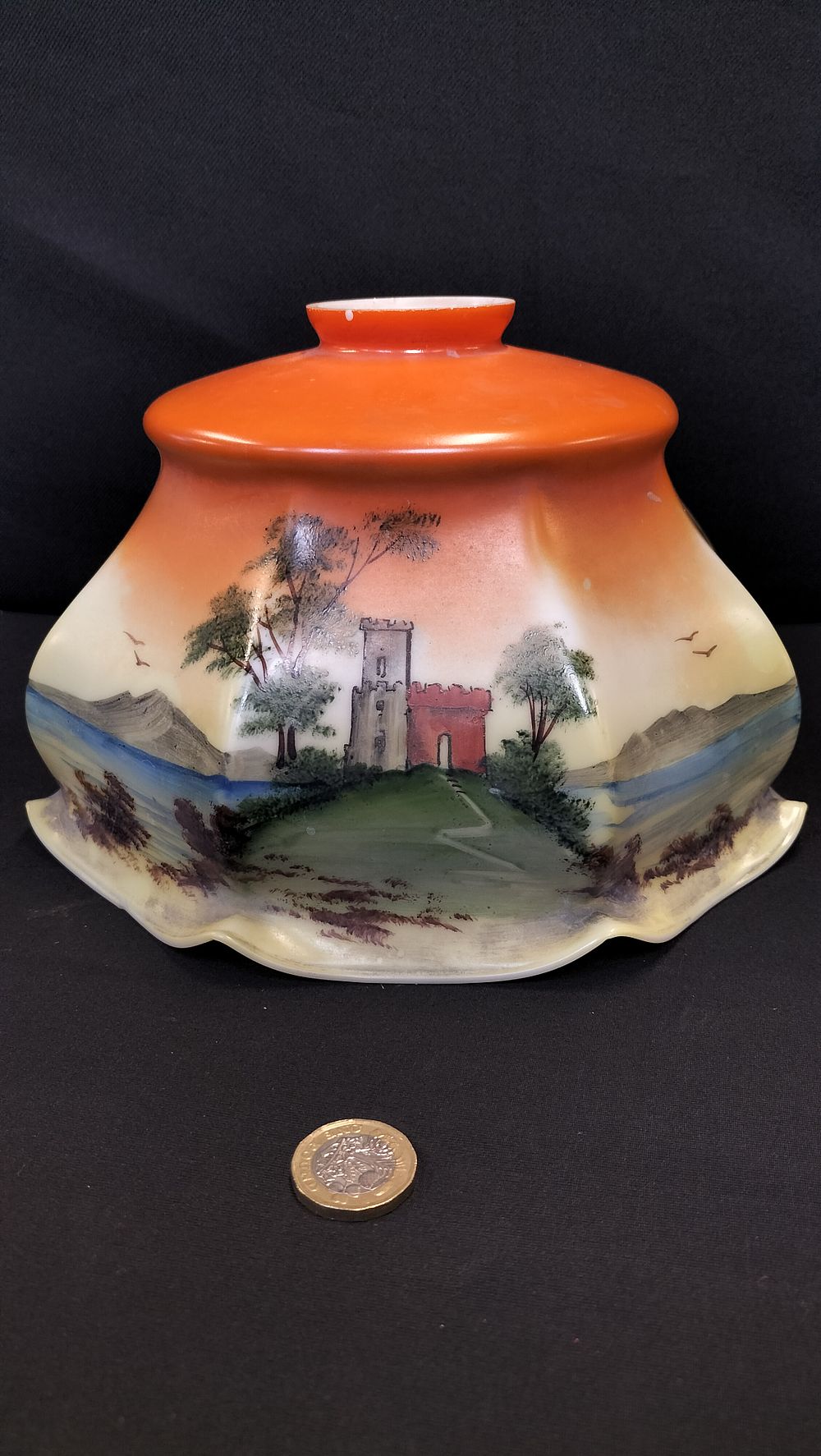 Lot 191: Art Nouveau opaline Hand painted lampshade with Castle...