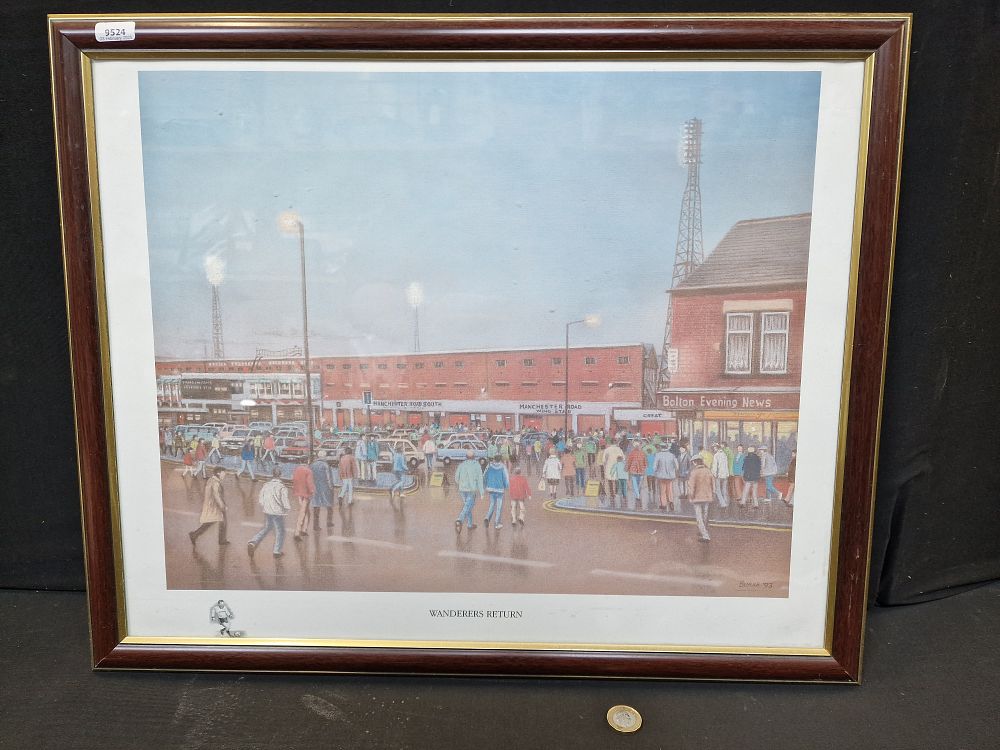 Lot 206: Framed Print of Wanderers Return by Burke 1993 Depicting a Matchday Scene from , Burnden Park Football Ground from Manchester Road. Former Ground of Bolton Wanderers FC Approx 56x46cm