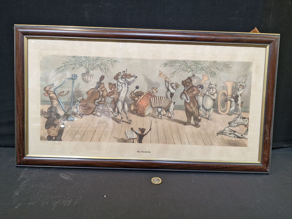 Lot 211: Framed Print of The Orchestra. Depicting Various Breeds of Dogs Playing Musical Instruments Approx 61x33cm