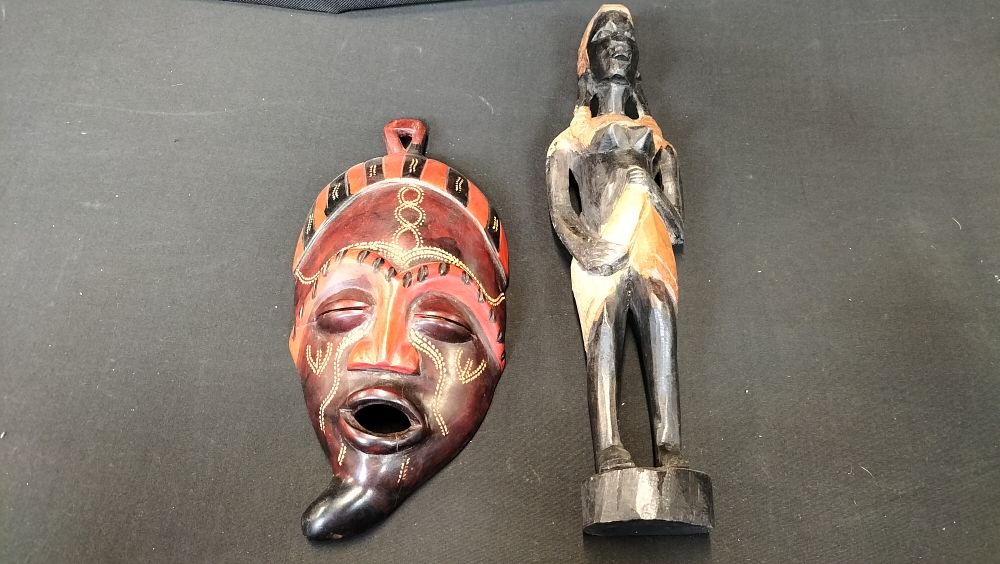 Lot 280: Two Africana Items. Wooden Mask and Statue 