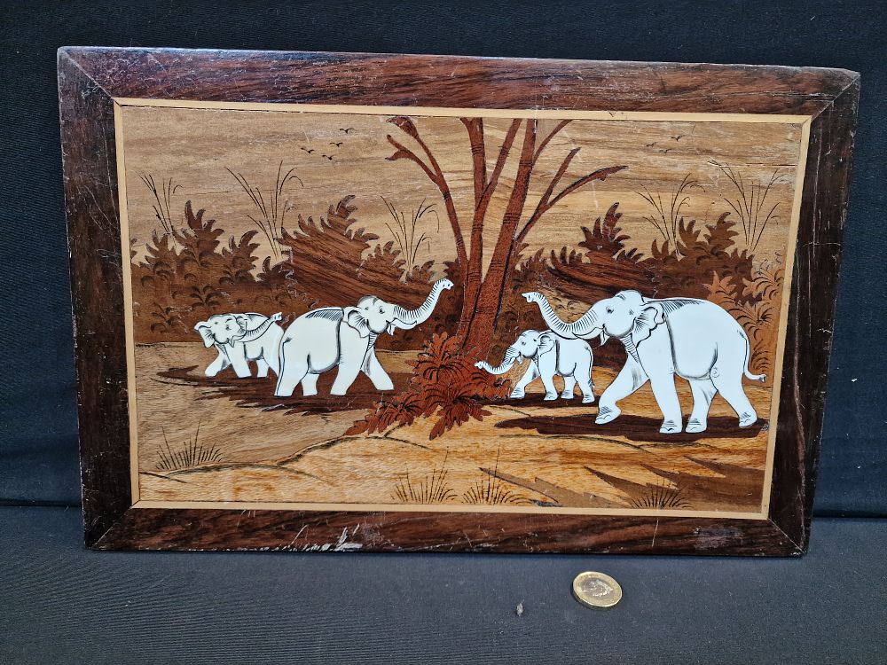 Lot 329: Vintage Marquetry Board featuring Elephants