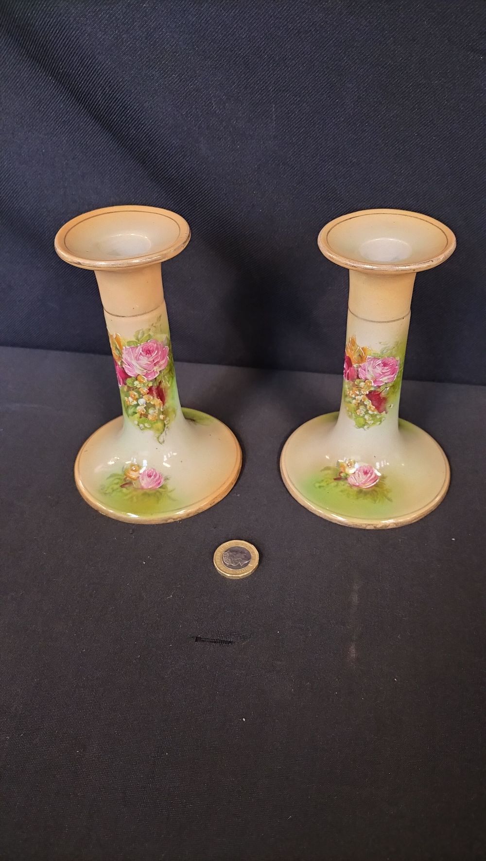 Lot 312: Pair of hand painted candle sticks with rose...