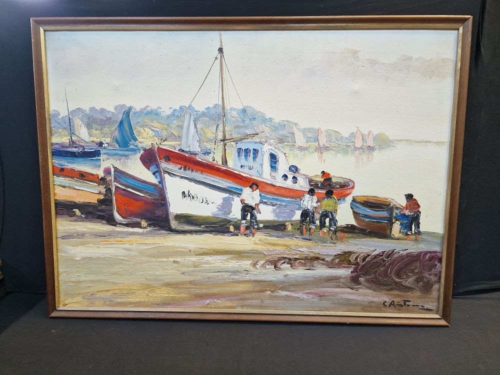 Lot 331: Original Framed Oil Painting of Fishermen. Approx 73x53cm COLLECTION ONLY