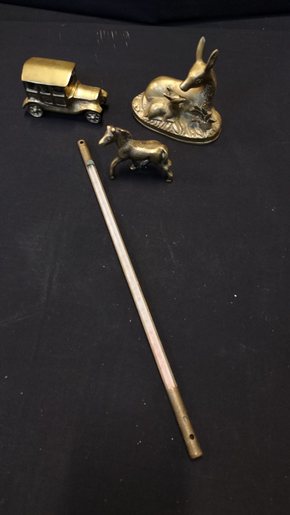 Lot 350: 4 Brass Items, Car, Horse, Deer and Foal,...