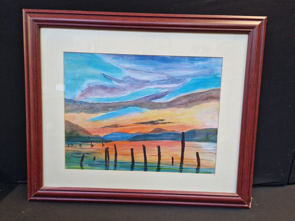 Lot 336: Original Framed Acrylic Painting Sunset Over Loch Ness by Sandra Law Approx 58x48cm