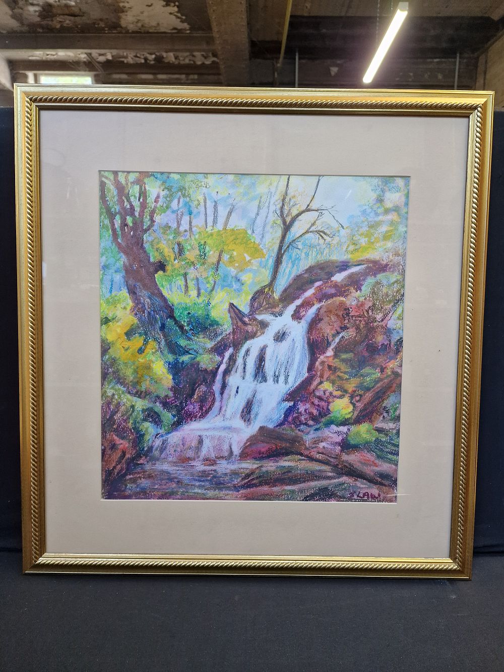 Lot 338: Original Framed Mixed Media Painting Grampian Waterfall by Sandra Law Approx 59x56cm COLLECTION ONLY