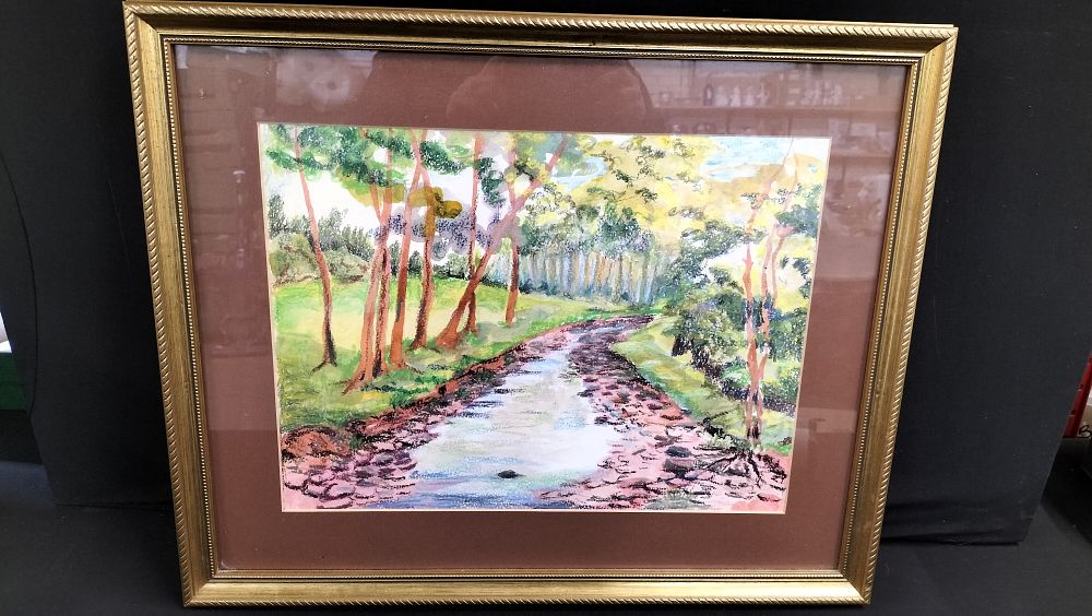 Lot 340: Original Framed Mixed Media Painting Tranquil Stream by Sandra Law Approx 55x46cm