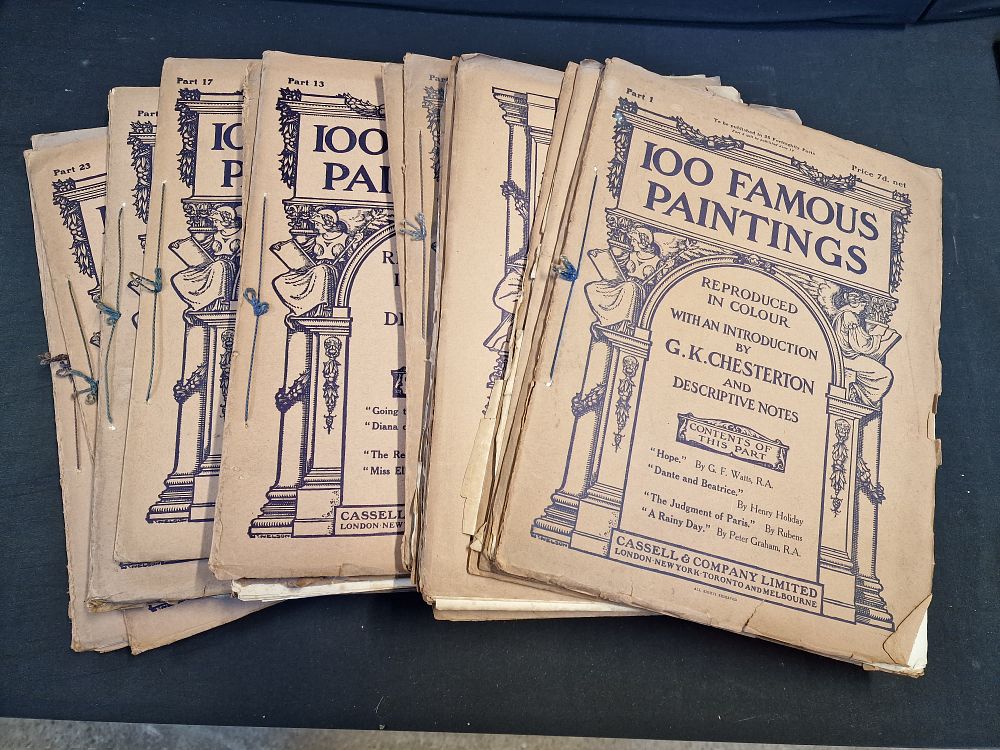 Lot 385: Antique 100 Famous Paintings Series Published in 25 parts by Cassell & Company Limited. It features reproductions in color and includes an introduction by G.K. Chesterton along with descriptive notes. 24/25 Issues No.18 is missed. First Published in 1912