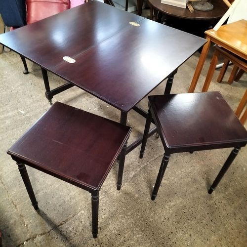 Lot 609: Dark wood occasional folding table and two stools....