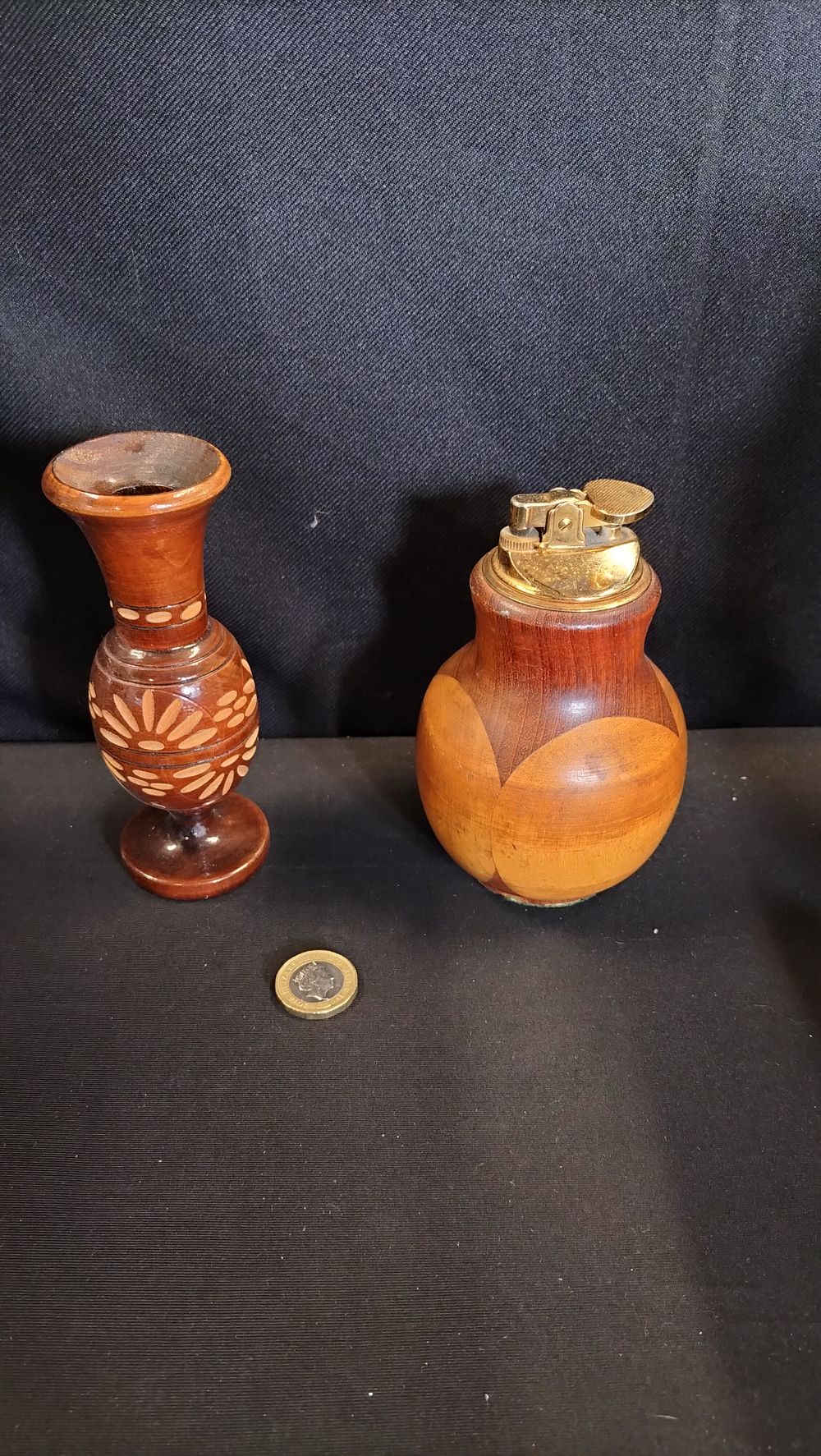 Lot 687: Carved wooden vase and tree table lighter 
