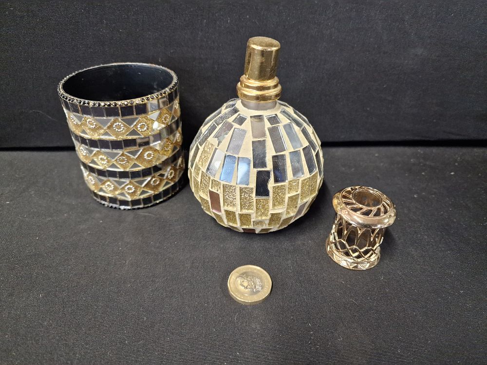 Lot 697: Pair of Mosaic Items. One is a Perfume Bottle