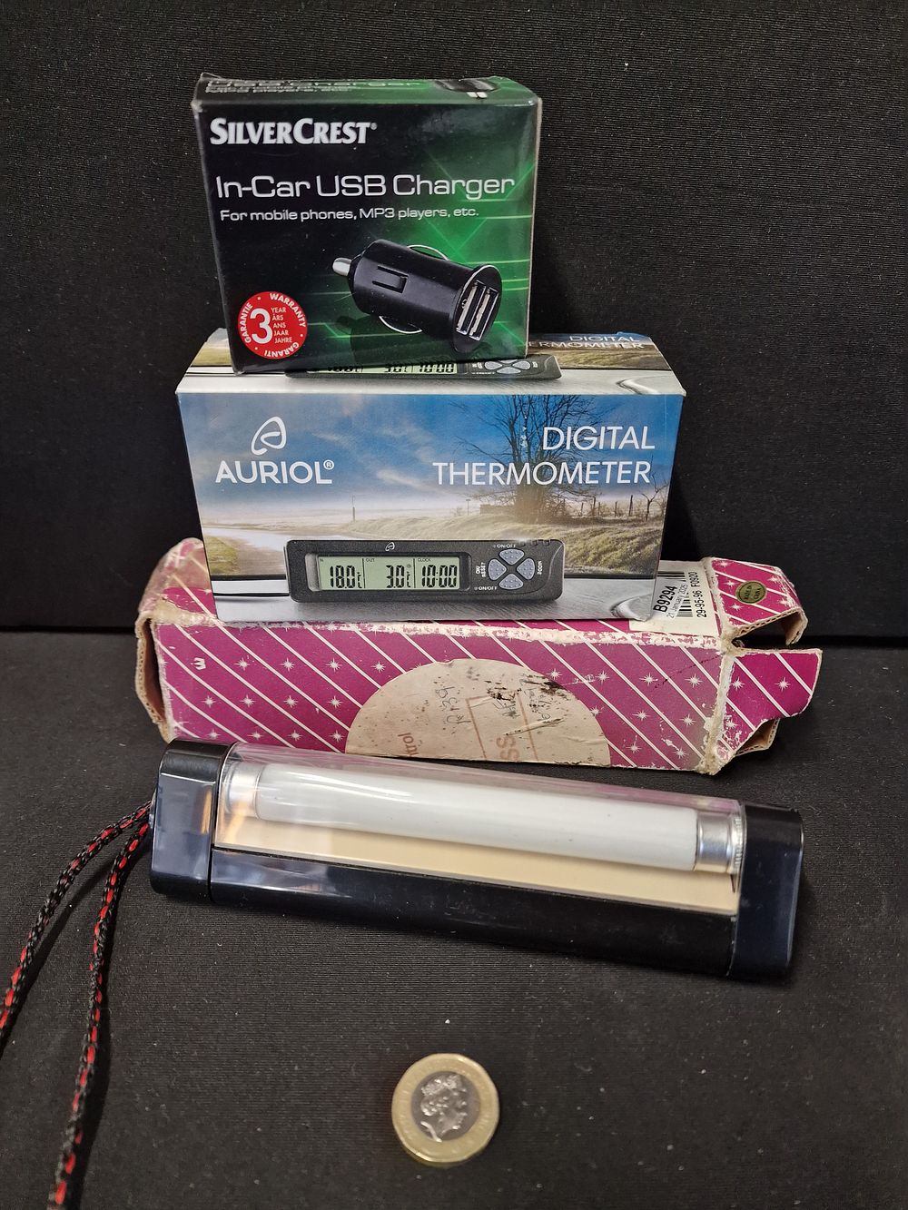 Lot 702: Magnetic Light, Digital Thermometer and In Car USB Charger