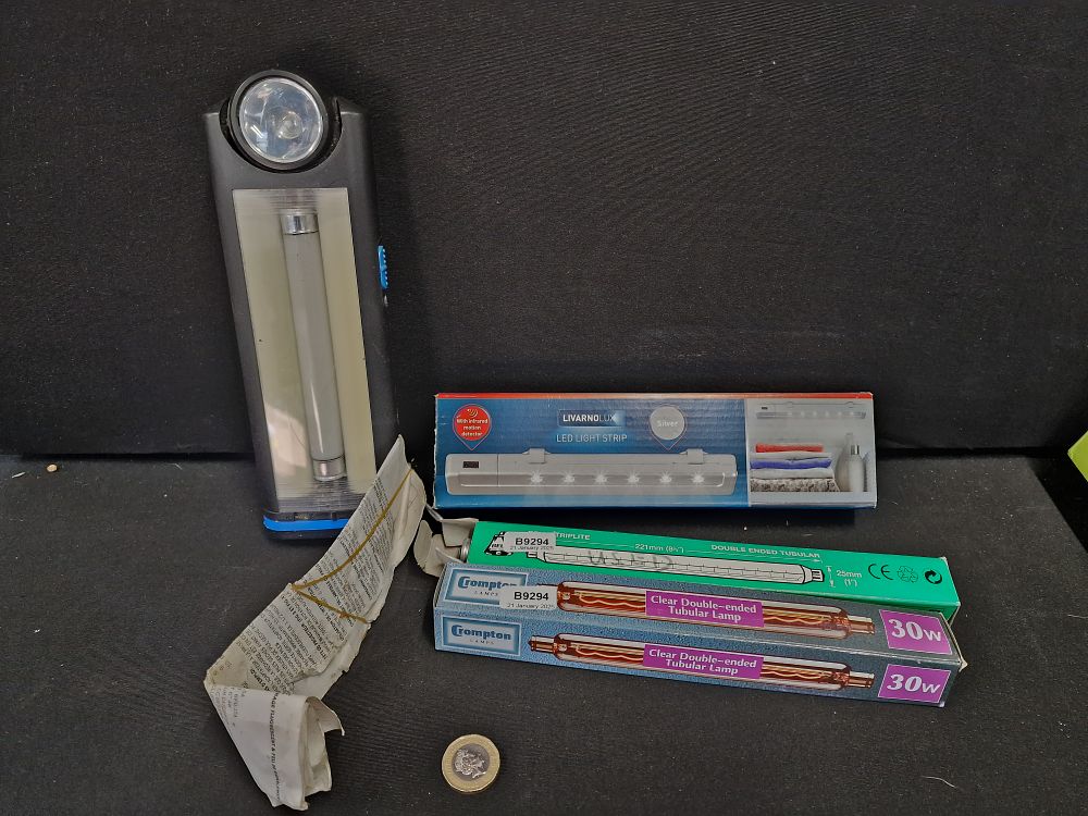 Lot 707: Torch, LED Light Strip and 221mm Tubular Lamps