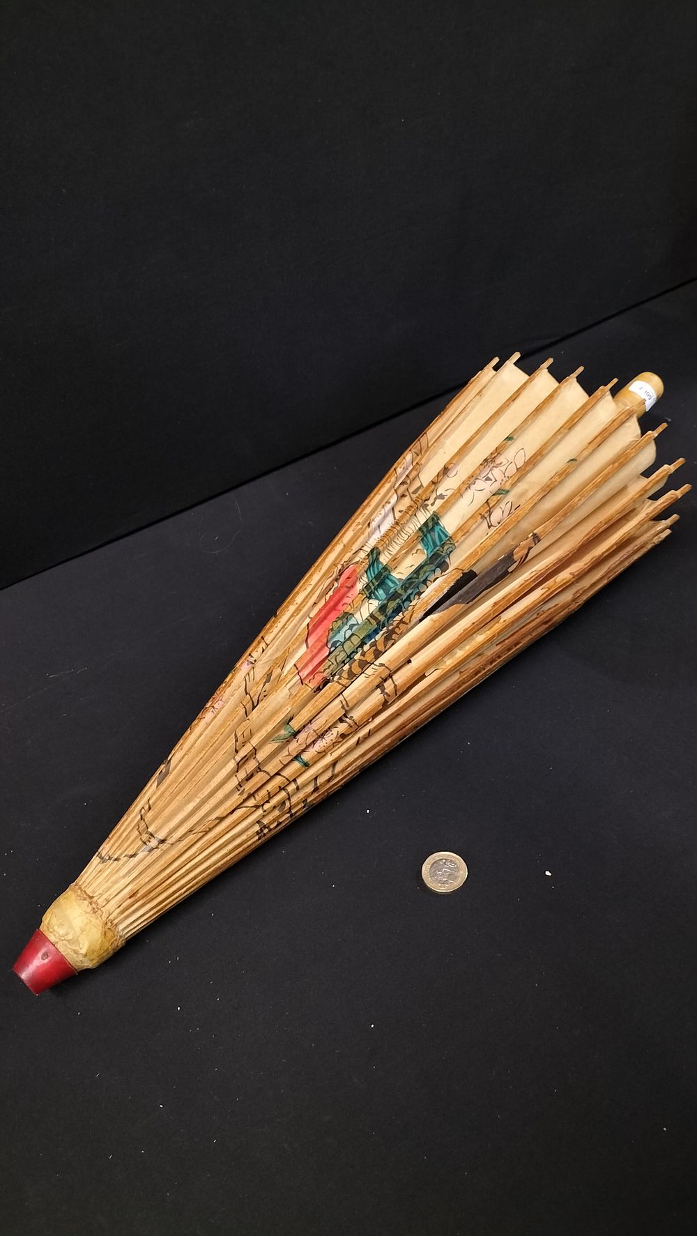 Lot 151: Hand Painted Bamboo Parasol. Has Some Damage 