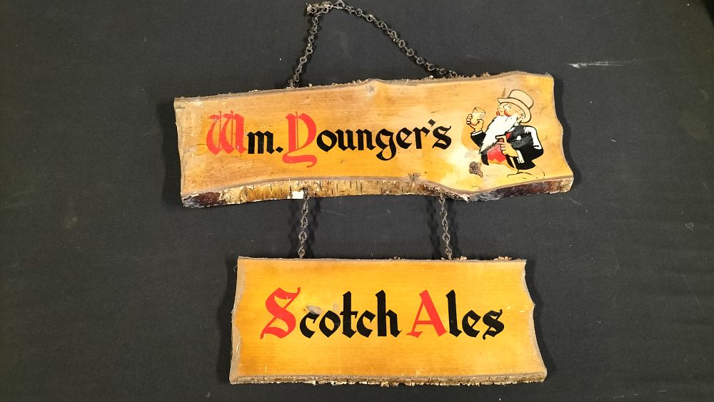 Lot 252: Wood Hanging W.M.Youngers Scotch Ales Sign