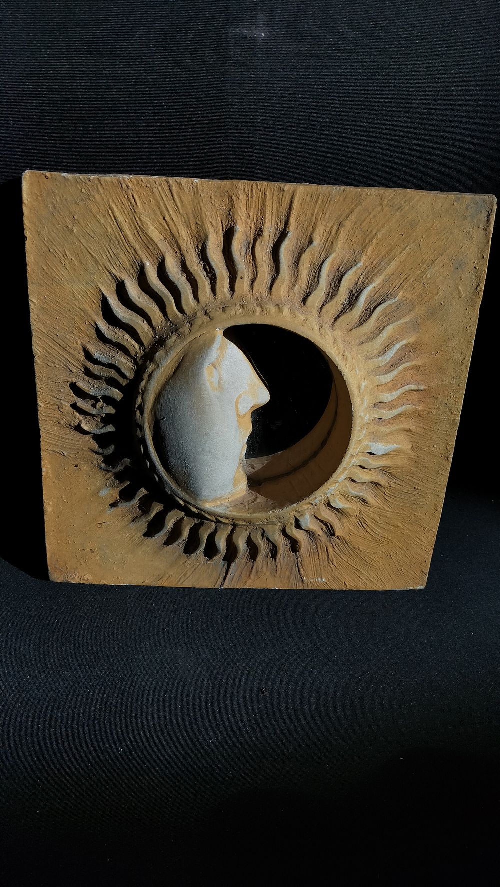 Lot 280: Heavy Stone Sun and Moon Mirror. Measures approx...