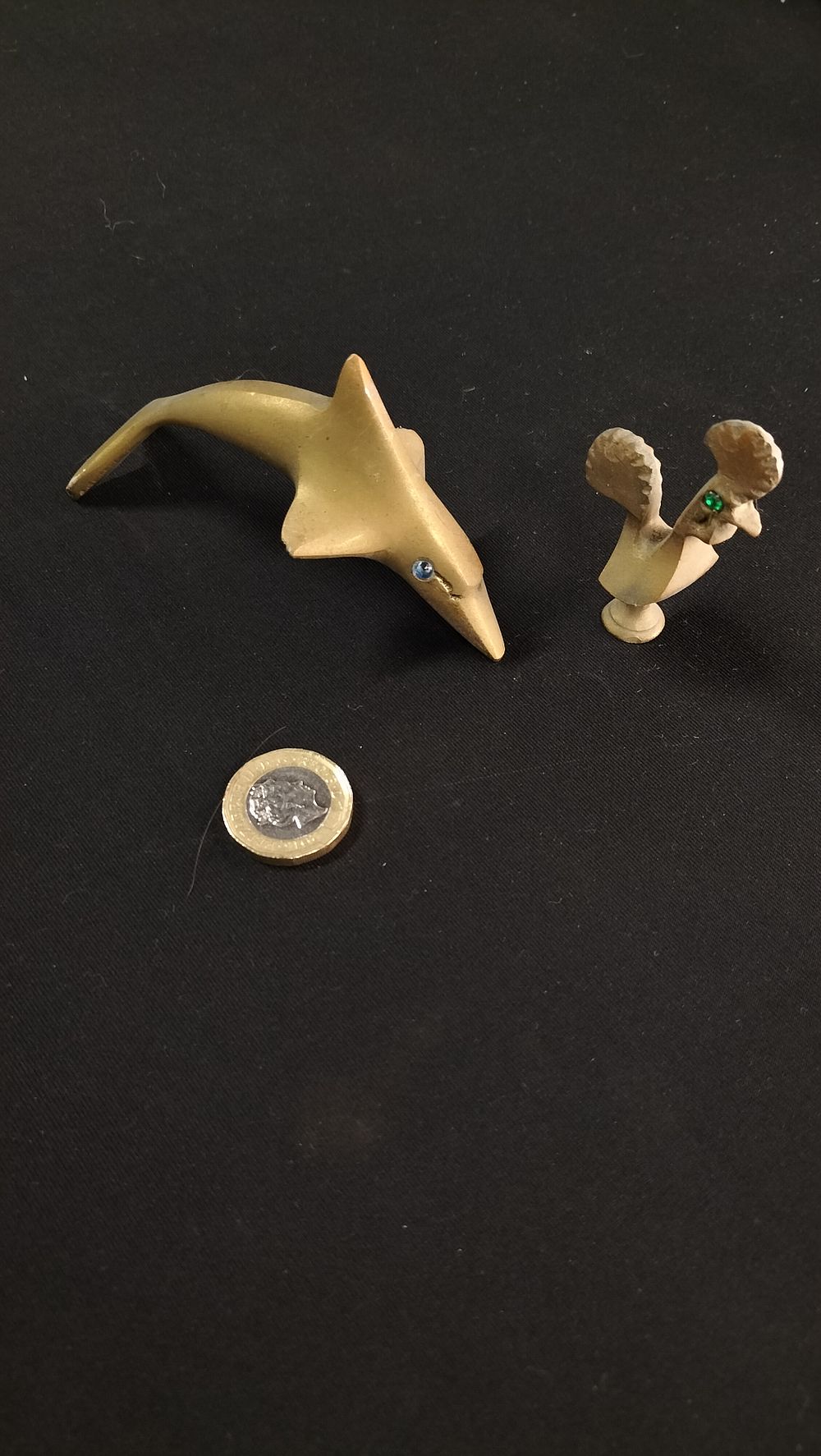 Lot 281: Small Brass Dolphin and Cockerel with Glass Gem...