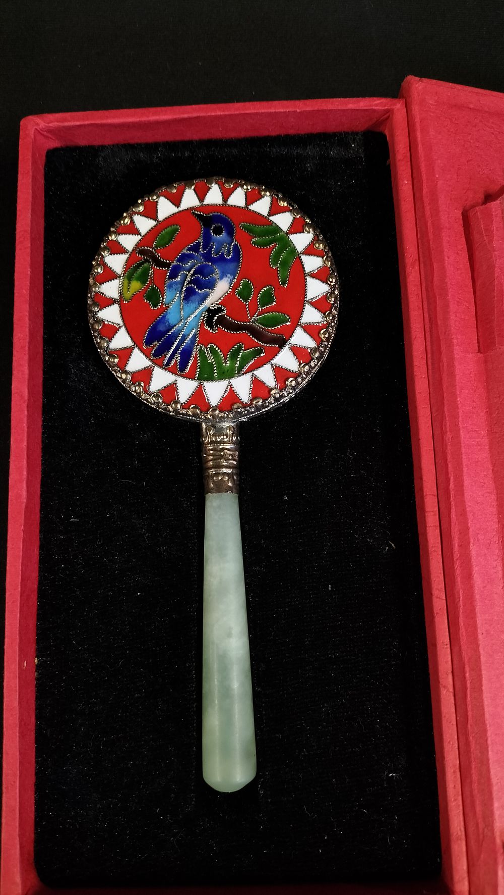 Lot 306: Boxed Small Enameled hand Mirror with Green Stone...