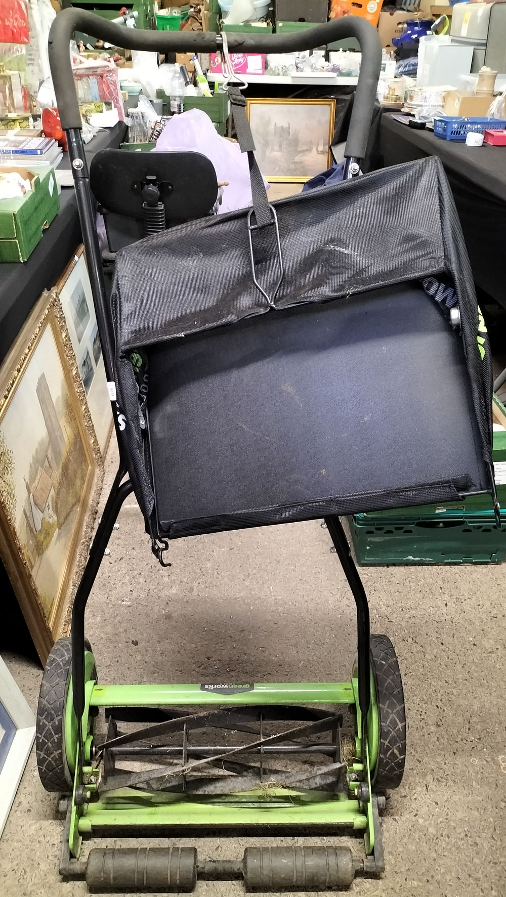 Lot 307: Green Works manual Lawn Mower. With Collection Box...
