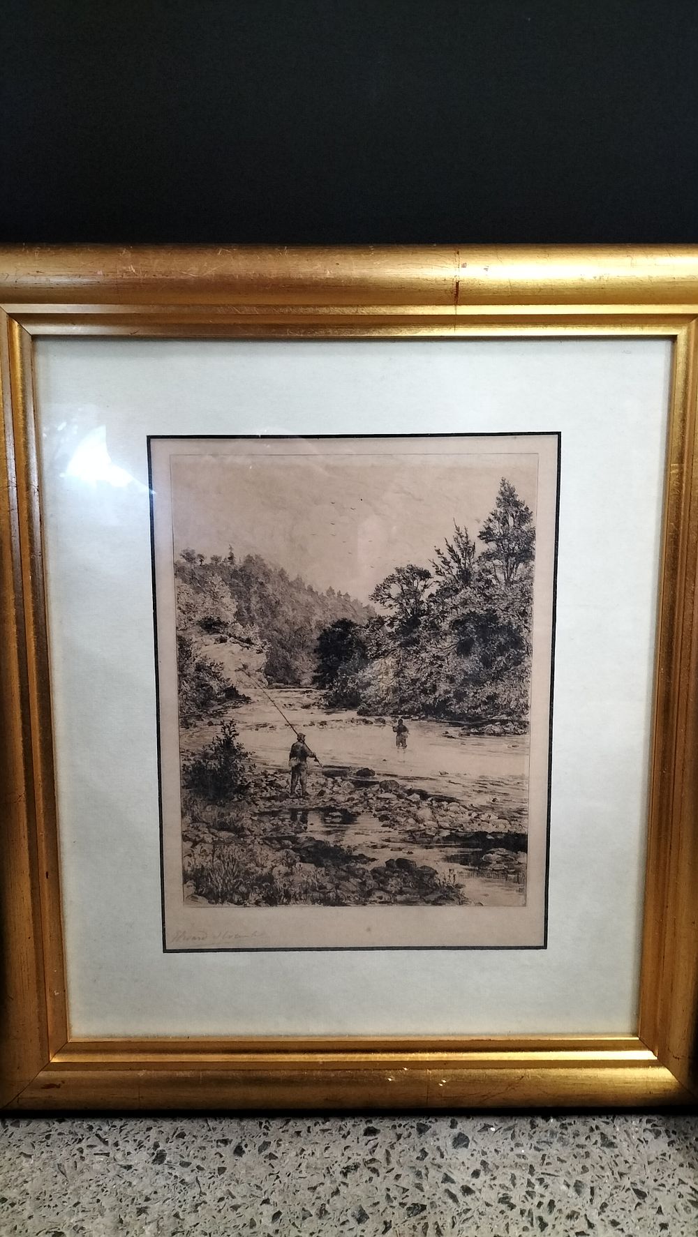 Lot 309: Framed signed Picture of a Fishing Scene. Measures...