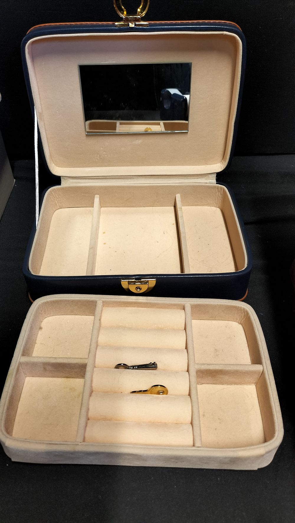 Lot 332: Blue and Tan Two Teir Jewellery Box with...