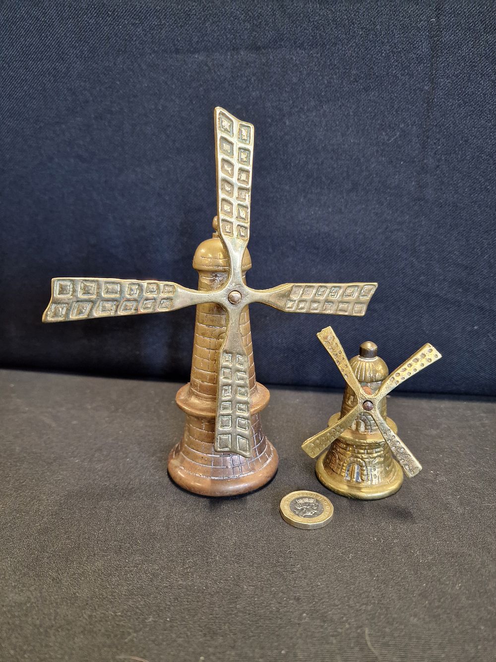Lot 568: Pair of Brass Bells Shaped like Windmills
