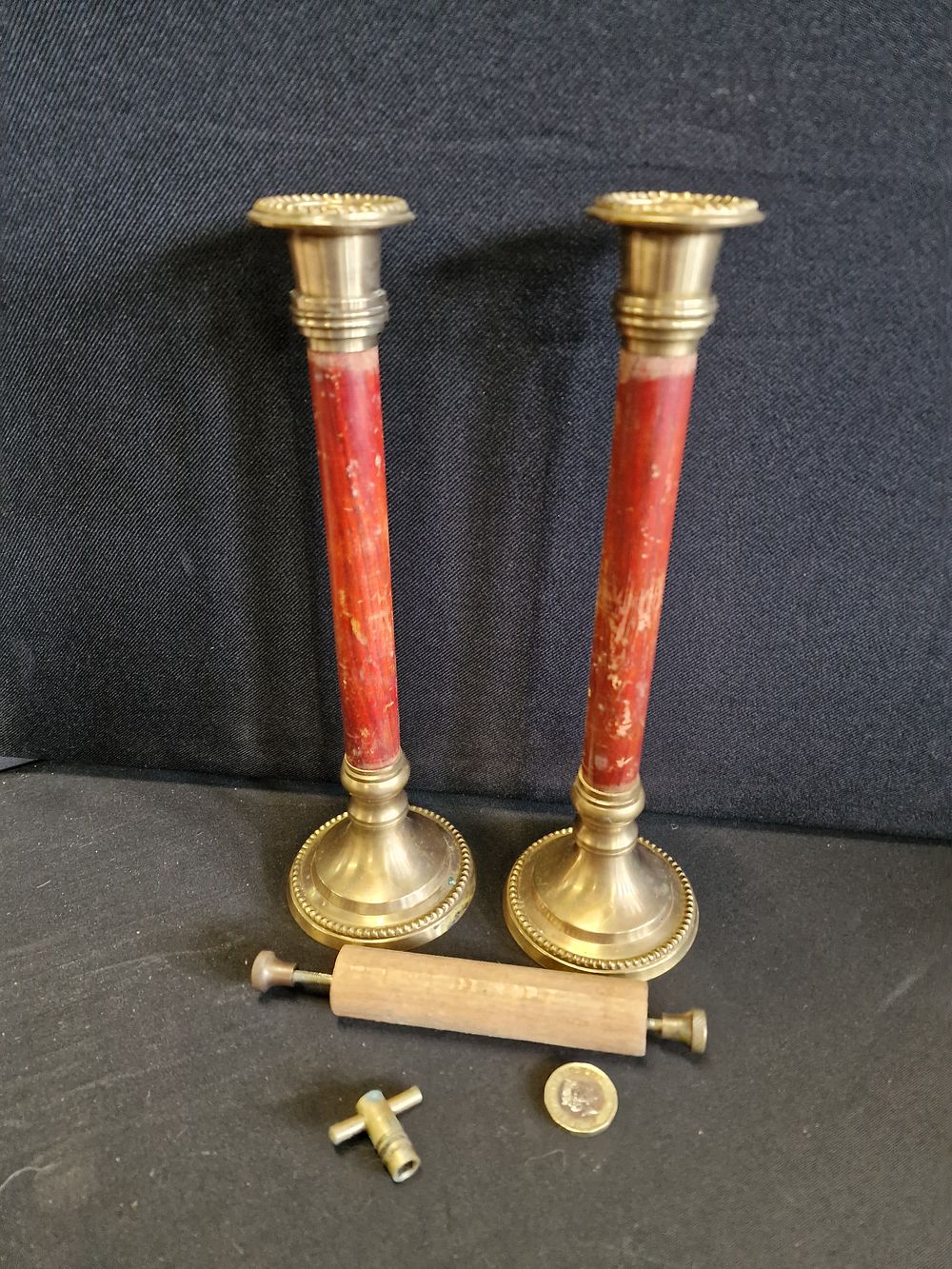 Lot 580: Pair of Brass and Wood Candlesticks, Loo Roll Holder and Radiator Bleed Key