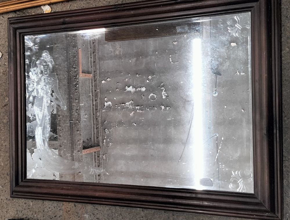 Lot 362: Wood Framed Mirror Etched with a woman and...