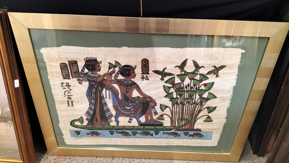 Lot 363: Gilt framed Painted Egyptian Papyrus. Measures approx 58...