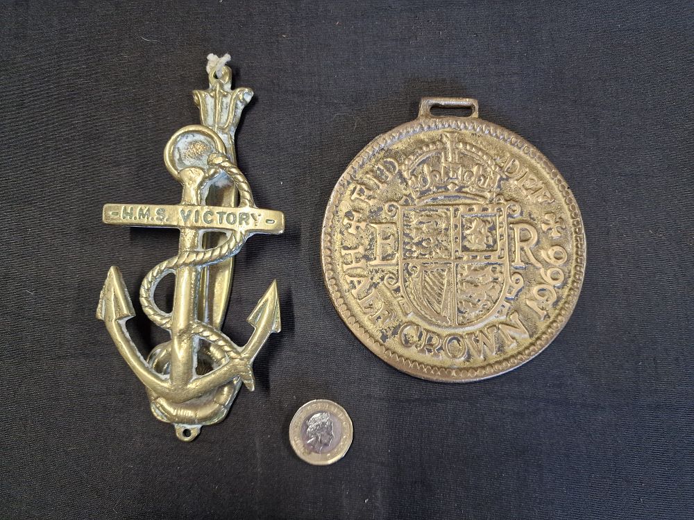Lot 602: Vintage Brass HMS Victory Door Knocker and Half Crown Medallion