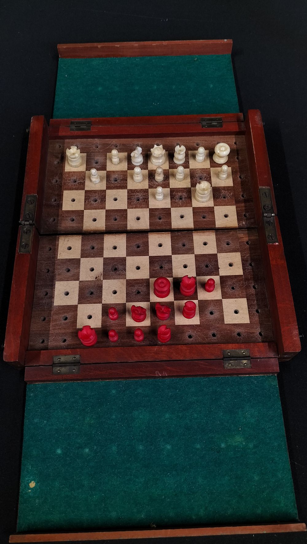Lot 383: Wooden Folding Chess Set with Bone Pieces. Incomplete 