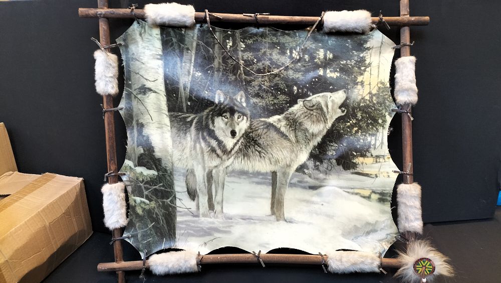 Lot 722: Indian Style Wood Framed Wolf Canvas. Measures approx...