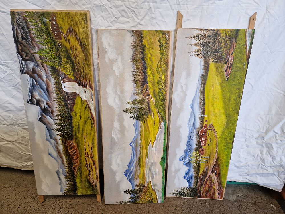 Lot 675: Three Original Paintings On Canvas by Albert Whiston March 2004 Approx 90x30cm COLLECTION ONLY