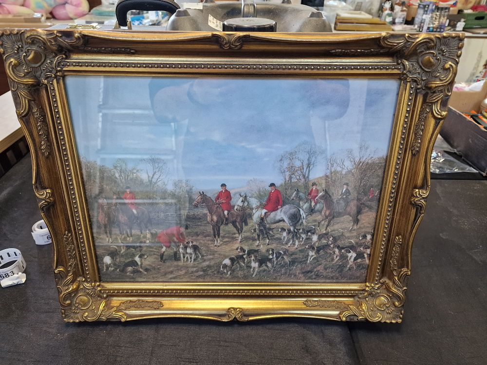 Lot 683: Ornate Picture Frame with Hunting Print 'Summer Meeting' Approx 50x40cm