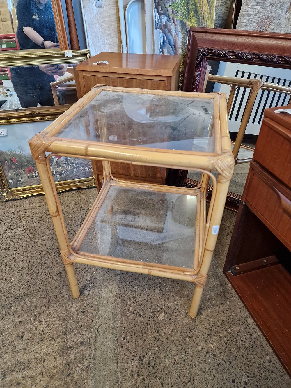 Lot 694: Small Cane Side Table with Glass Shelves
