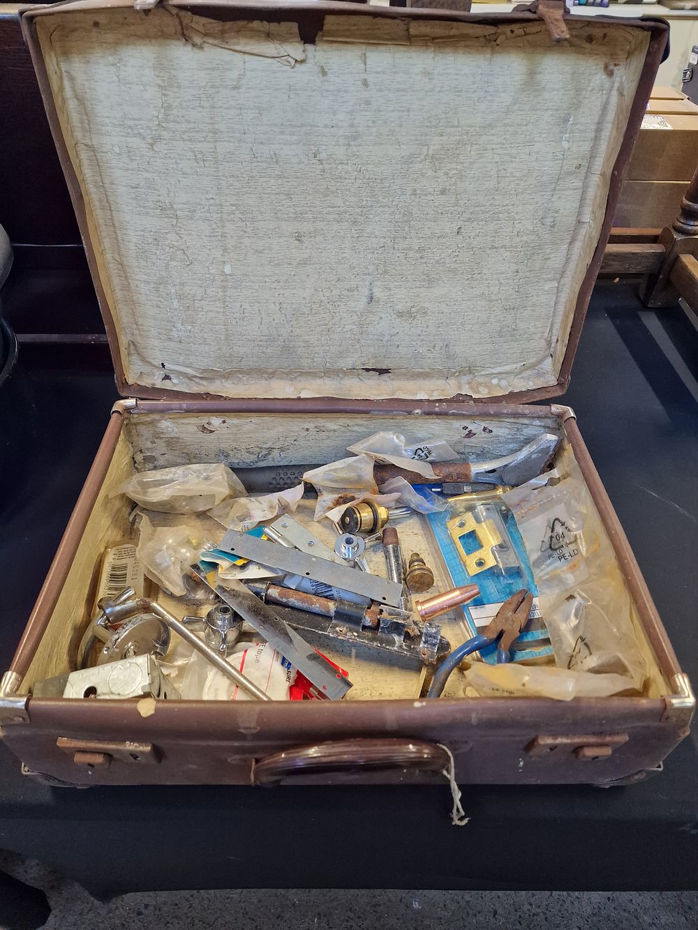 Lot 695: Vintage Suitcase Full of Tools and Hardware