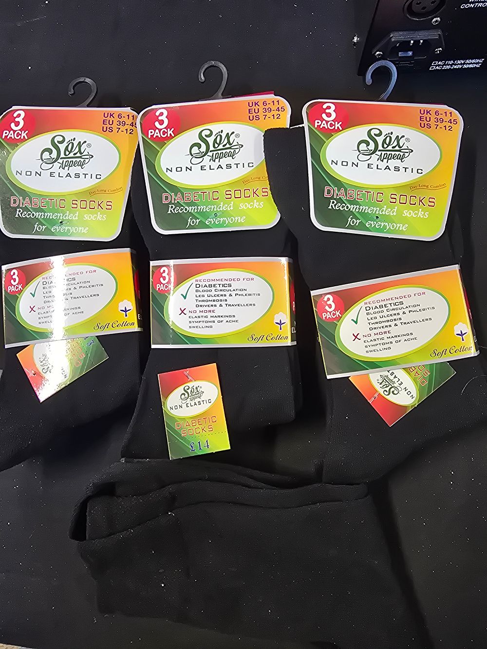 Lot 744: Three packs of three mens black socks, size 6-11